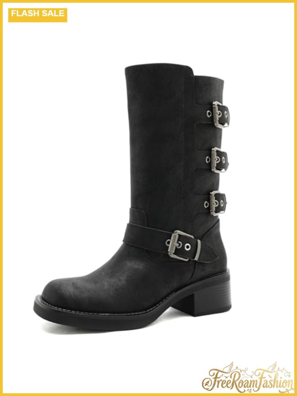 Women's Motorcycle Boots Mid Calf Faux Leather Square Toe Low Heel Zip